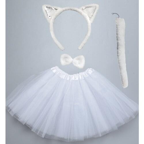 Kids Halloween Party Cosplay Black White Pink Cat Ear Headband Tail Tie Skirt Tutu Performance Stage Dance Wear Costume Clothes