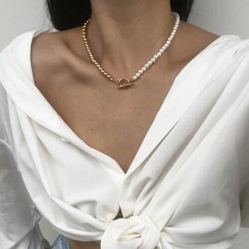 Vintage Asymmetric Imitation Pearls Chain Necklace For Women Punk OT Buckle Irregular Pearls Chain Choker Necklace Jewelry Gifts