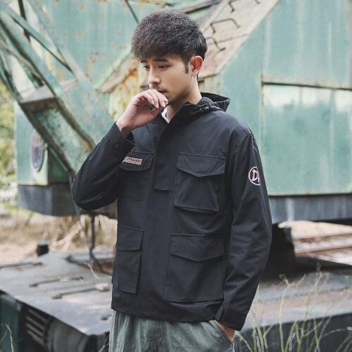 Western Stylish Safari Style Patchwork Pullover Mens Hooded Jackets Hip Hop Autumn Casual Male Windbreaker Multi-Pockets Coats