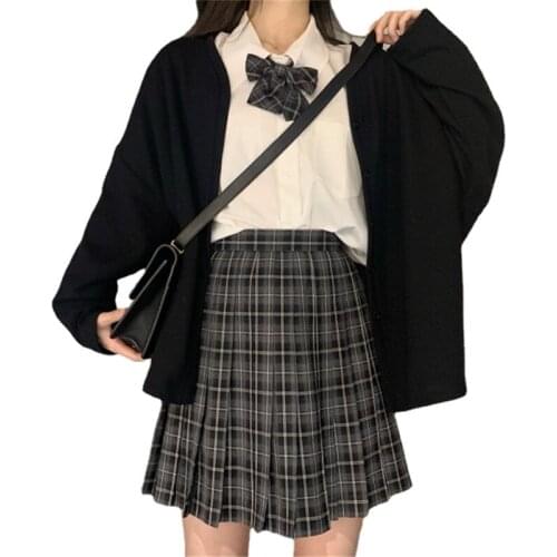 Women 3pc Students Uniform Suits White Bottoming Shirt&Black Loose Cardigan&Pleated Mini Skirt Sets Chic Three Piece Dress Suits