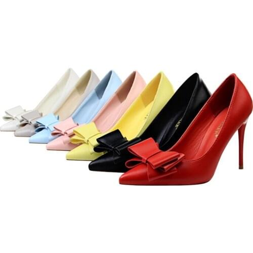 Korean version sweet thin heels large size high heels slim light mouth point candy color bow womens single shoes 9219-33