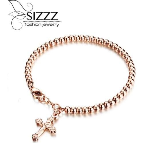 SIZZZ 18cm Long Fashionable rose gold ladies bracelet cross fringed beads bracelet for women