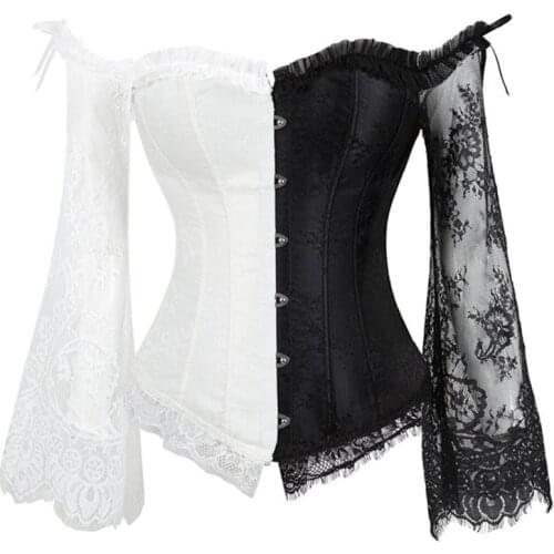Women Steampunk Corset Sexy Long Sleeve Lace Corselet Lace Up Bustiers Korset For Posture Party Club Wedding Plus Size