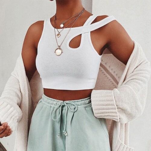 Gaono Summer White Sleeveless Vest Irregular Shoulder Straps Hollow Out Sexy Crop Tops Tees Elegant Party Club Tank Top Slim Fit