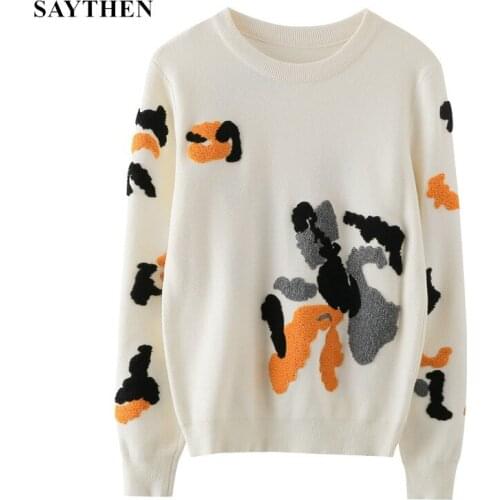 SAYTEHN Auturn and Winter Pattern Print Flower Long Sleeve Round Neck Female Sweet Knitted Slim Fit Jumper Women Pullover