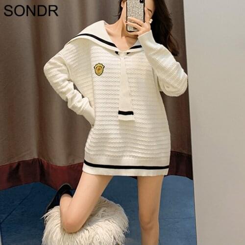 2020 College Style Loose Knitting Sweater Women Sweet Cute Autumn Navy Collar Badge Long Sweater Thin Long-Sleeve Pullover Coat