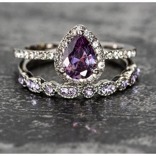 New 2Pcs/Set purple Stone Crystal Engagement rings for Women Drop Shape Zircon Vintage Bridal Wedding ring High Quality Jewelry