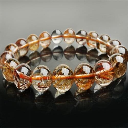 10.5mm Genuine Natural Copper Rutilated Quartz Crystal Round Beads Bracelet For Women Femme Fashion Charm Stretch Bracelet