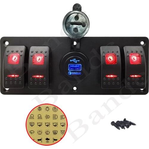 12V 24V Car Boat Dashboard Rocker Switch Panel with Quick Charge USB Sockets 5 Pin On-Off Toggle Switches