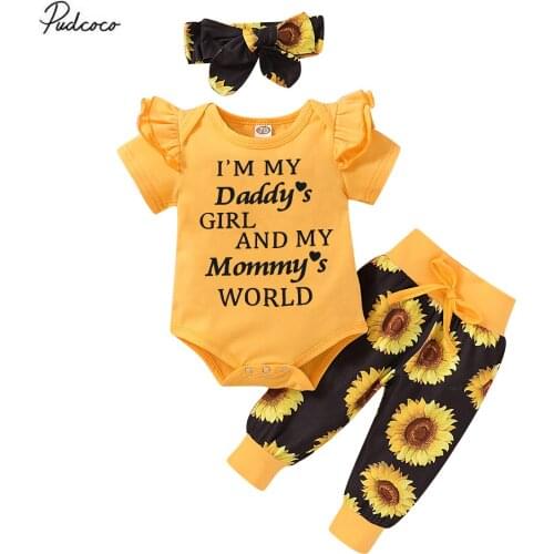 2020 0-18M Baby Clothing For Girls Newborn Infant Letter Print Short Sleeve Romper Tops Floral Pants 3pcs Toddler Outfits Set