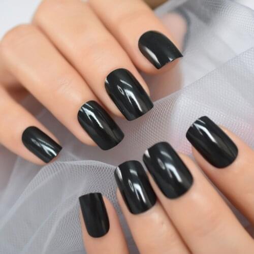 24Pcs/Set Solid Black Detachable False Nails Square Glossy Wearable Artificial Fake Nails Full Cover Nail Tips Art Accessories