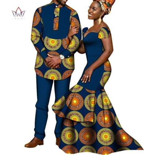 Bintarealwax Africa Style Couples Clothing for Lovers Bazin Pearl Long Women Dress & Men Sets Plus Size Wedding Clothing WYQ794
