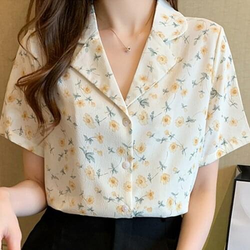 Blouses Top Femme Short Sleeve Blouse Women Blusas Mujer De Moda 2021 Verano V-Neck Print Chiffon Blouse Shirt Tops Women E798