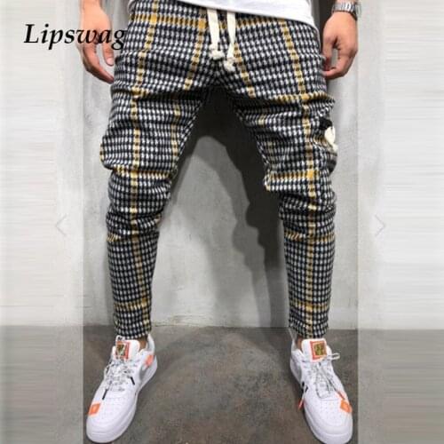 Casual Mens Elastic Skinny Pencil Pants 2021 Spring Fashion Plaid Printing Slim Trousers Summer Harajuku Men Clothing Streetwear