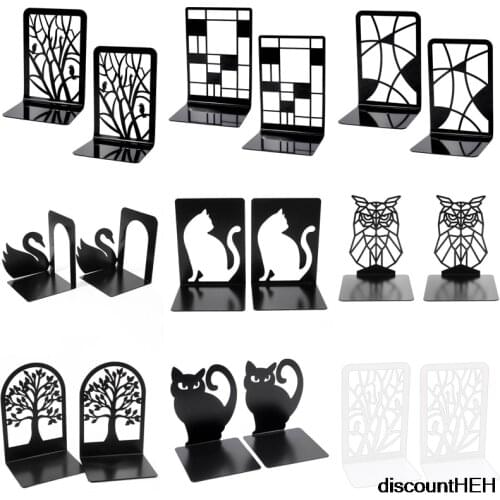 Black Metal Hollow Out Non-Slip Bookend Bracket Heavy Book End Office Book Stopper Holder Shelf Bookcase Home Office Supplies