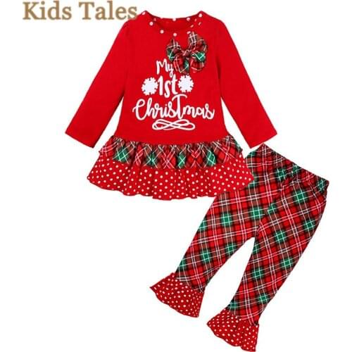SJR-372 Toddler Baby Clothes Christmas Letter Print Kids ruffles tops Girl Clothes plaid flared Pants Outfits 2pcs Clothing Set