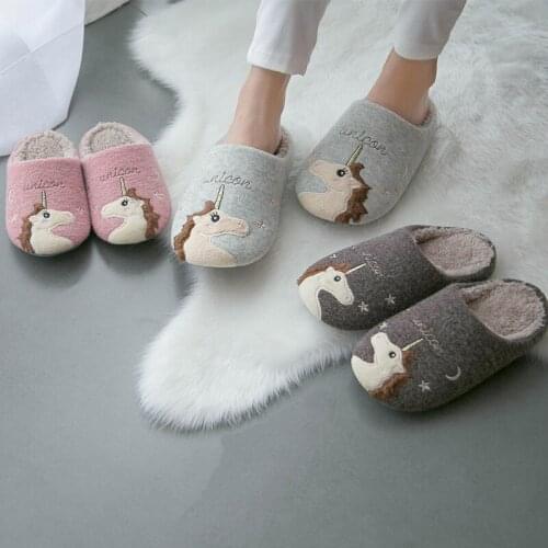 Dropshipping Indoor Warm Women Cute Animal Unicorn Winter Fur Home Shoe Female Girl Nonslip Memory Foam Cotton House Slippers