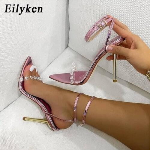 Eilyken Sexy Nightclub Stiletto Stripper Heels Fashion PVC Transparent Crystal Rhinestone Sandals Women Party Wedding Shoes