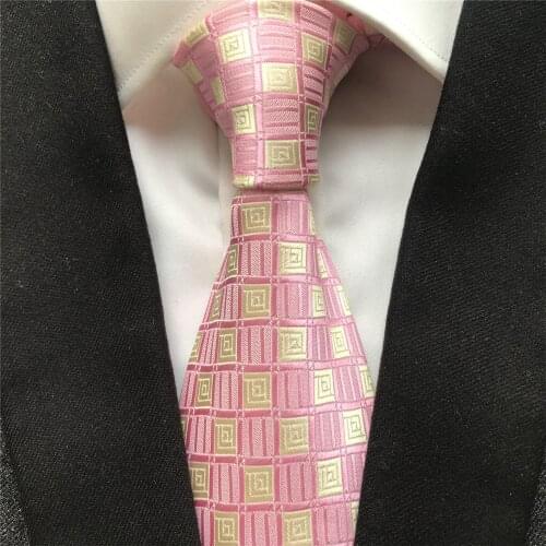 10 cm Width New Design Mens Ties Jacquard Woven Neck Tie Pink with Gold Yellow Plaids Checkered Neckties Corbatas