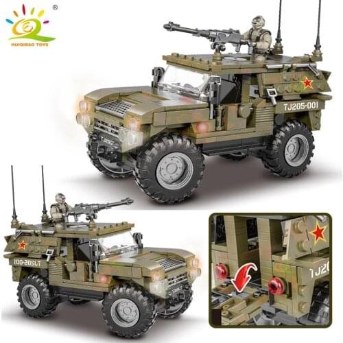 HUIQIBAO Military Model Building Blocks 405pcs WW2 Armored Car Vehicle with 2 Soldier Army Weapon Truck Bricks Toys For Children