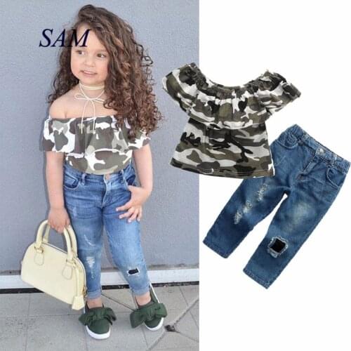 2020 summer girls clothing sets childrens short sleeve hollow top + hole demin pants 2 pcs clothes kids fashion suit