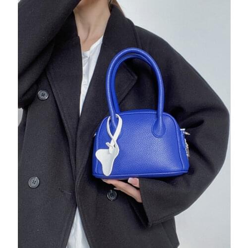 Fashion Design Women Blue Lychee Pattern Shoulder Shell Bag PU Leather Ladies Portable Small Tote Handbags Female Messenger Bag