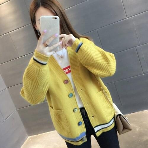 Fashion Striped Knitted Cardigans Sweater Women Spring Autumn V-Neck Long Sleeve Sweater Black Button Pockets Knit Tops Female
