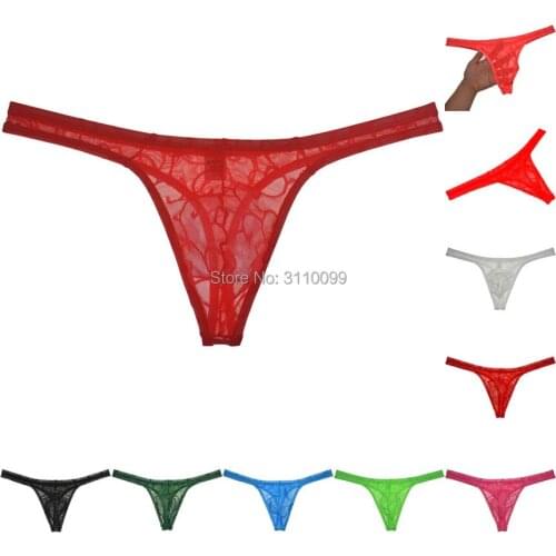 Mens See-through Jacquard Lace G-string Breathable T-back Bright colours shining Underwear