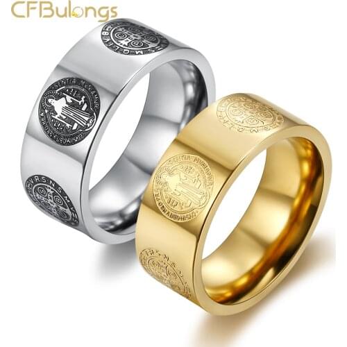 CFBulongs 8mm St Benedict Exorcism Ring Stainless Steel Armor Knight Shield Templar Knight Crusader Signature Medal Men Ring