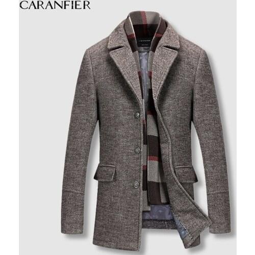 CARANFIER Men Jackets Casual Plus Velvet Male Wool Coat Slim Fit Solid Color Mandarin Collar Top Quality Middle-aged Long Trench