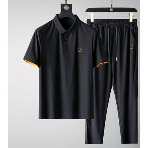 Casual suit mens new summer 2021 ice silk Lapel short sleeve T-shirt pants fashion spring and autumn two piece set summer