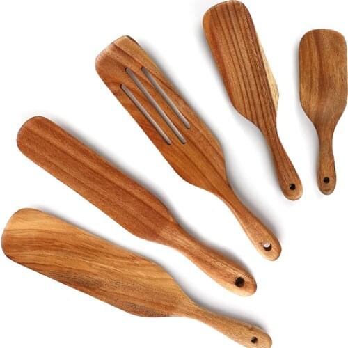 Wooden Spurtle Set 5Pcs Spurtles Kitchen Tools Teak Cooking Utensil Set with Hanging Hole, Wooden Spatula Sets for Stirring