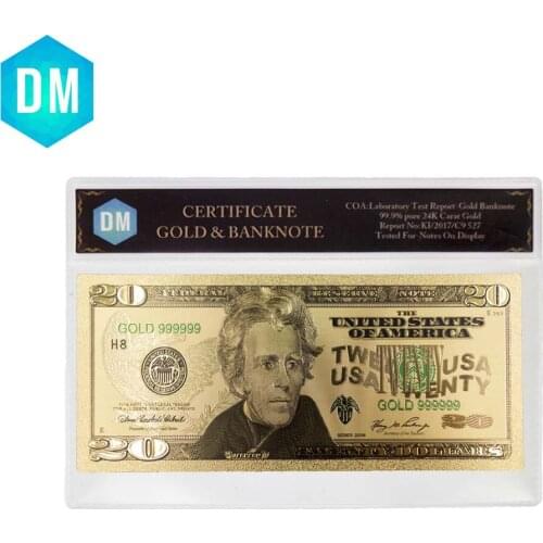 US Normal 24k Gold Banknote Home Decorative 999.9 Gold Foil 20 Dollar World Paper Money with COA Frame for Birthday Gifts