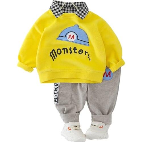 Baby Boy Fall Clothes Set Newborn Handsome Suit Cartoon Fake Two Top+Pants 2Pcs Kids Fashion Sportswear Toddler Clothing 0-5 Yrs