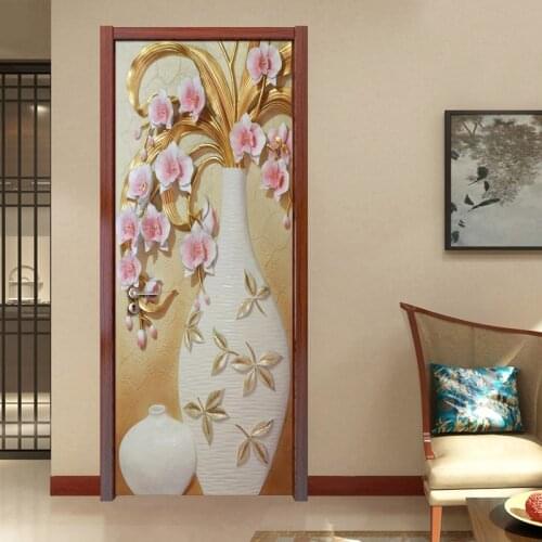 PVC Waterproof Self-adhesive Door Mural Wallpaper 3D Flower Vase Door Stickers Home Decor Study Living Room Bedroom Decoration