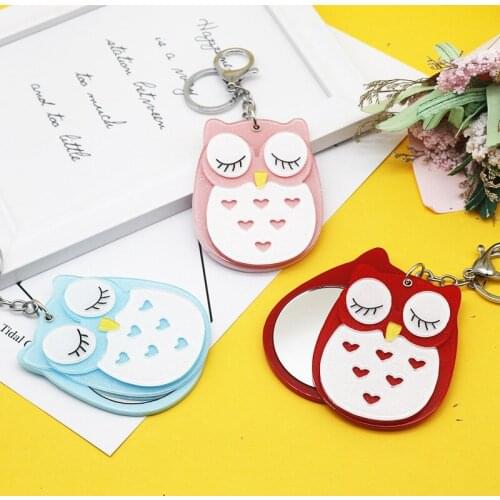 Q Owl Red Blue Pink Makeup Mirror Mini Slide Cover Folding Portable Pocket Kid Women Cosmetic Clear Glass Beauty Make Up Cute