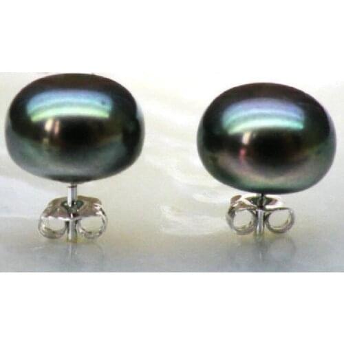 Chaming AAA 11mm peacock black bread shape south sea pearl earring white gol 925silver