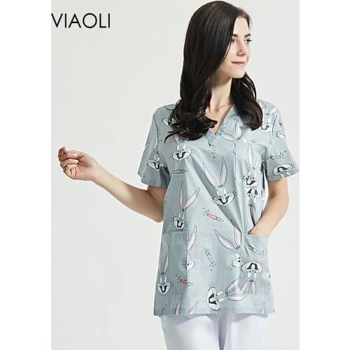 Scrubs tops cartoon printing cotton uniform Nutritionist dustproof work clothes spa uniforms Childrens Checkup Center work wear