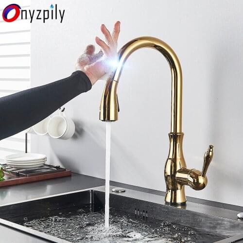 Gold Sensor Kitchen Faucet Sensitive Touch 360 Rotation Pull Out Single Handle Mixer Tap Two Water Modes Sink Crane Hot Cold