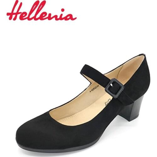 Hellenia Autumn Casual Women Office Pumps PU Leather Ladies Solid Shallow Mouth Round Toe Mid- High Heel Shoes womens shoes