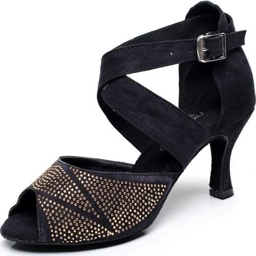 Women Flannel Latin Dance Shoes Black Blue Green Girls Rhinestone Bachata Salsa Ballroom Dancing Shoes for Girls Chunky Heels