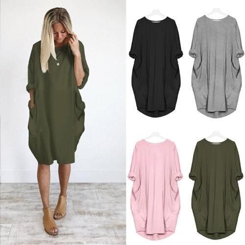 2019 knit loose solid color round neck plus fertilizer to increase swing mosaic dress