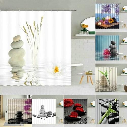Stones And White Lotus In Water Shower Curtain Zen SPA Flower Green Leaves Bathroom Decor Waterproof Fabric Hooks Curtains Set