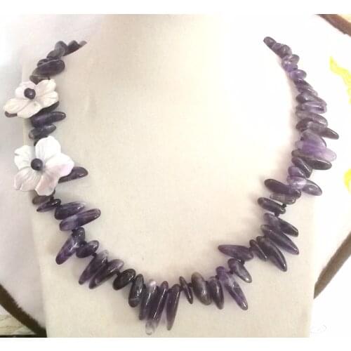 Women Jewelry 45cm 18'' 2 shell flower necklace 6x20mm Dark Purple Crystal stone irregular bead handmade fashion necklace