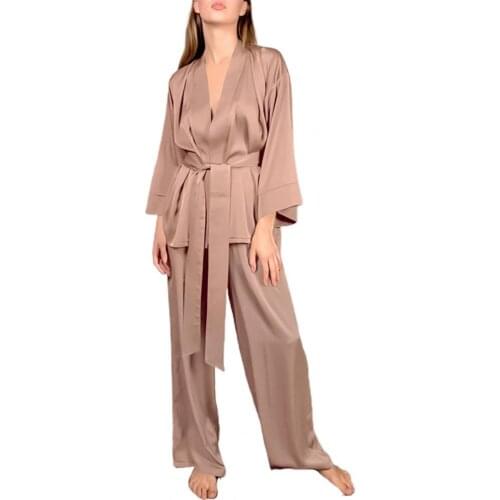 Lady Comfortable Pajamas 2021 V Neck Solid Color Two-piece Set Cardigan Long Sleeve Pajamas for Home