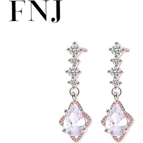 FNJ Earrings 925 Silver Jewelry Original Pure S925 Sterling Silver Stud Earring for Women Hanging Cubic Zircon