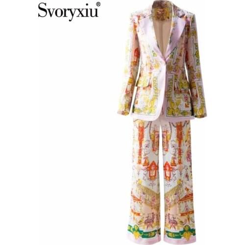 Svoryxiu Vintage Totem Print Pants Suits Womens Long Sleeve Single Button Blazer + Wide Leg Pants Runway Autumn Two Piece Set