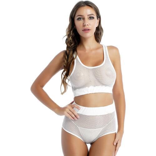 Womens Fishnet See-through Mesh Lingerie Set Sexy Fashion Nightwear Sleeveless Cropped Tank Top with Elastic Waistband Hot Pants