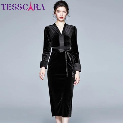 TESSCARA Women Winter Elegant Velvet Dress Festa High Quality Office Pencil Party Robe Femme V-neck Designer Black Vestidos