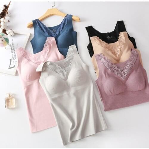 Winter German Velvet Seamless Thermal Underwear Vest Female Self-cultivation Base Double-sided Heating Vest V-neck Lace Top